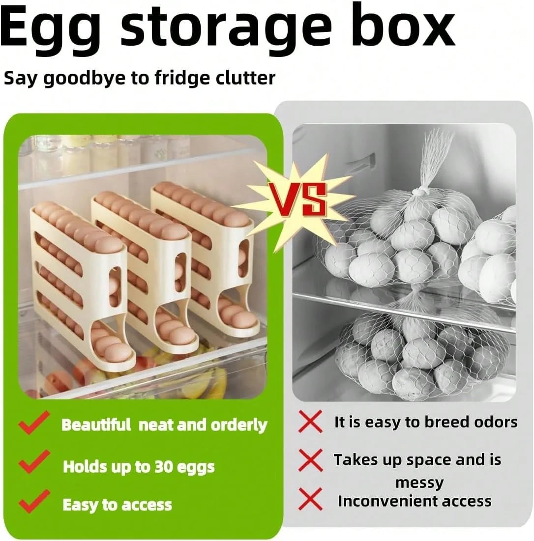 Automatic Rolling Egg Dispenser Organizer Refrigerator 4-Tier