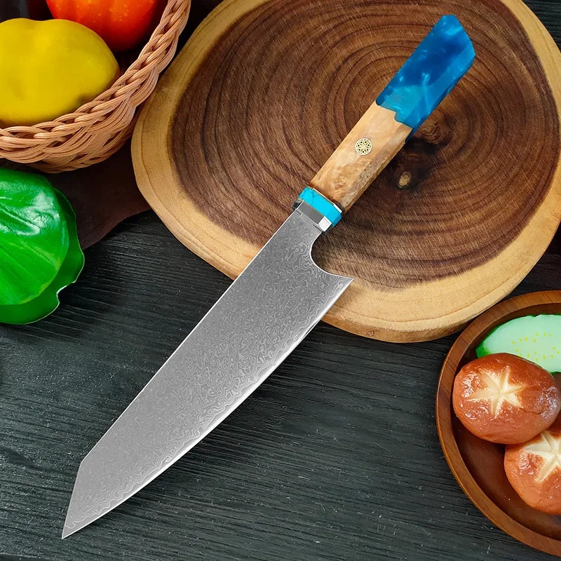 Vg10 Damascus Steel Chef Knife Blue Resin Wood