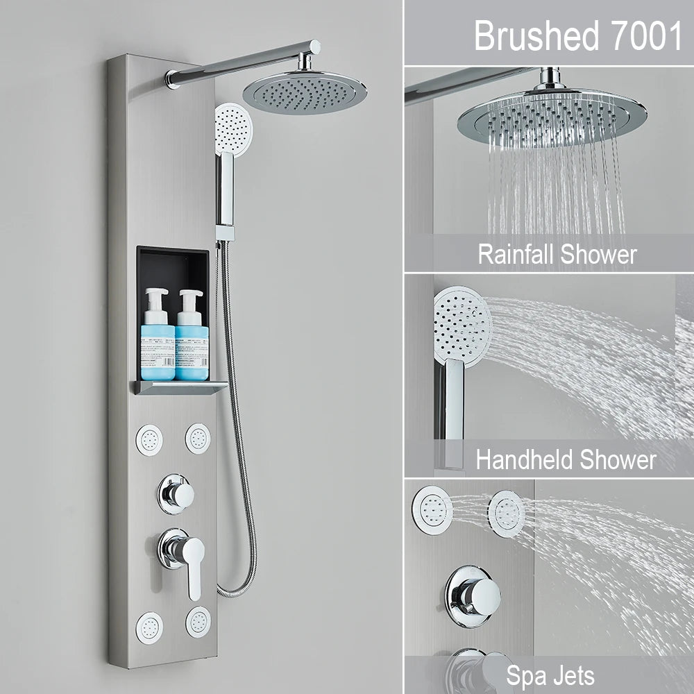 Black Shower Panel Storage Rack Rainfall Shower Faucet