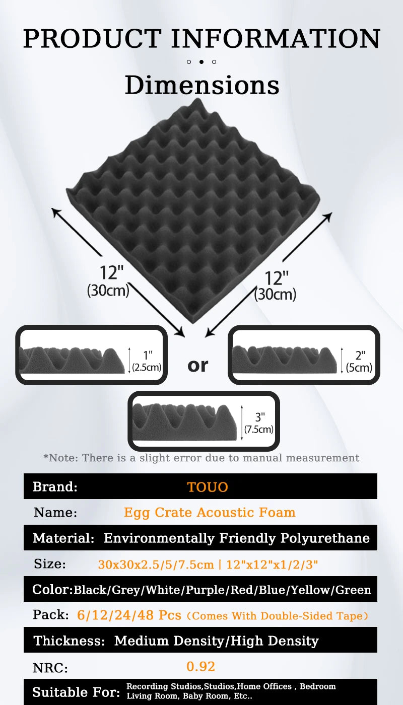 Touo Acoustic Foam 6/12/24/48pc Acoustic Sponge Sound Insulation