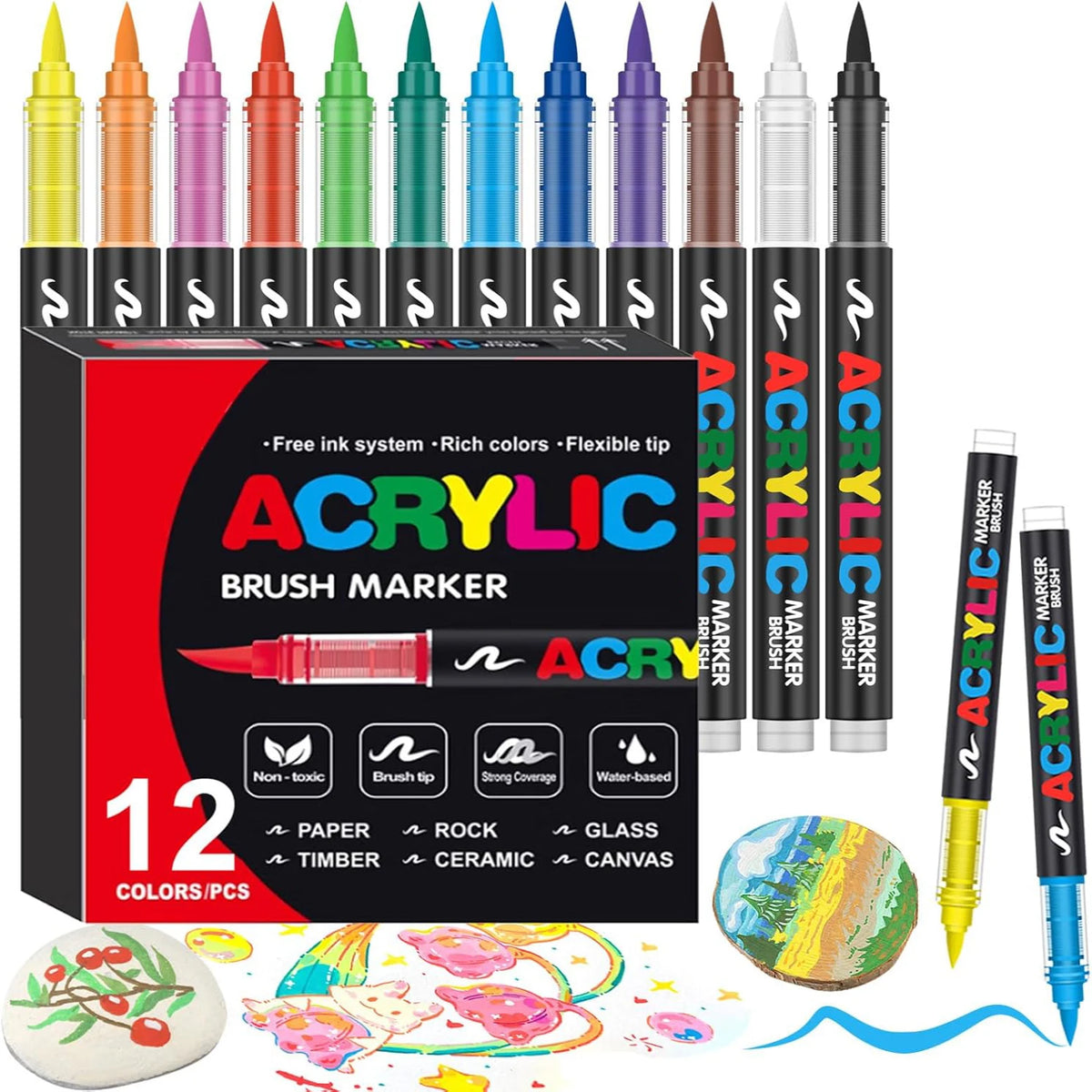 12-366 Colors Acrylic Marker Permanent Markers Brush Tip