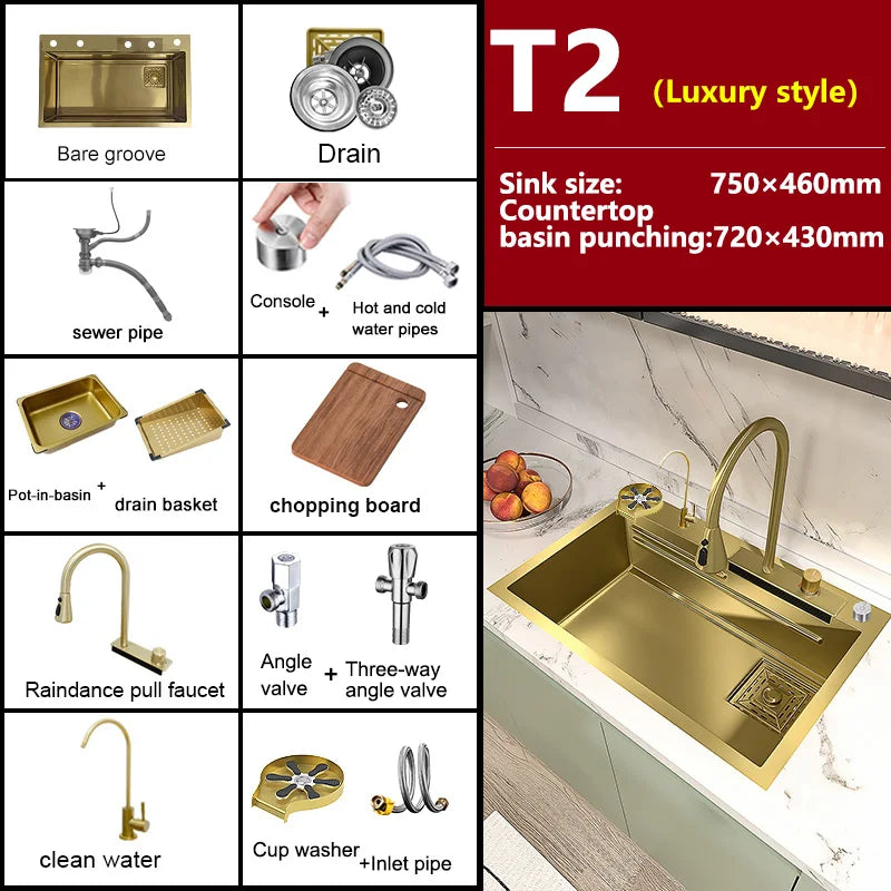 Stainless Steel Golden Sink Waterfall Outlet Slot Piano