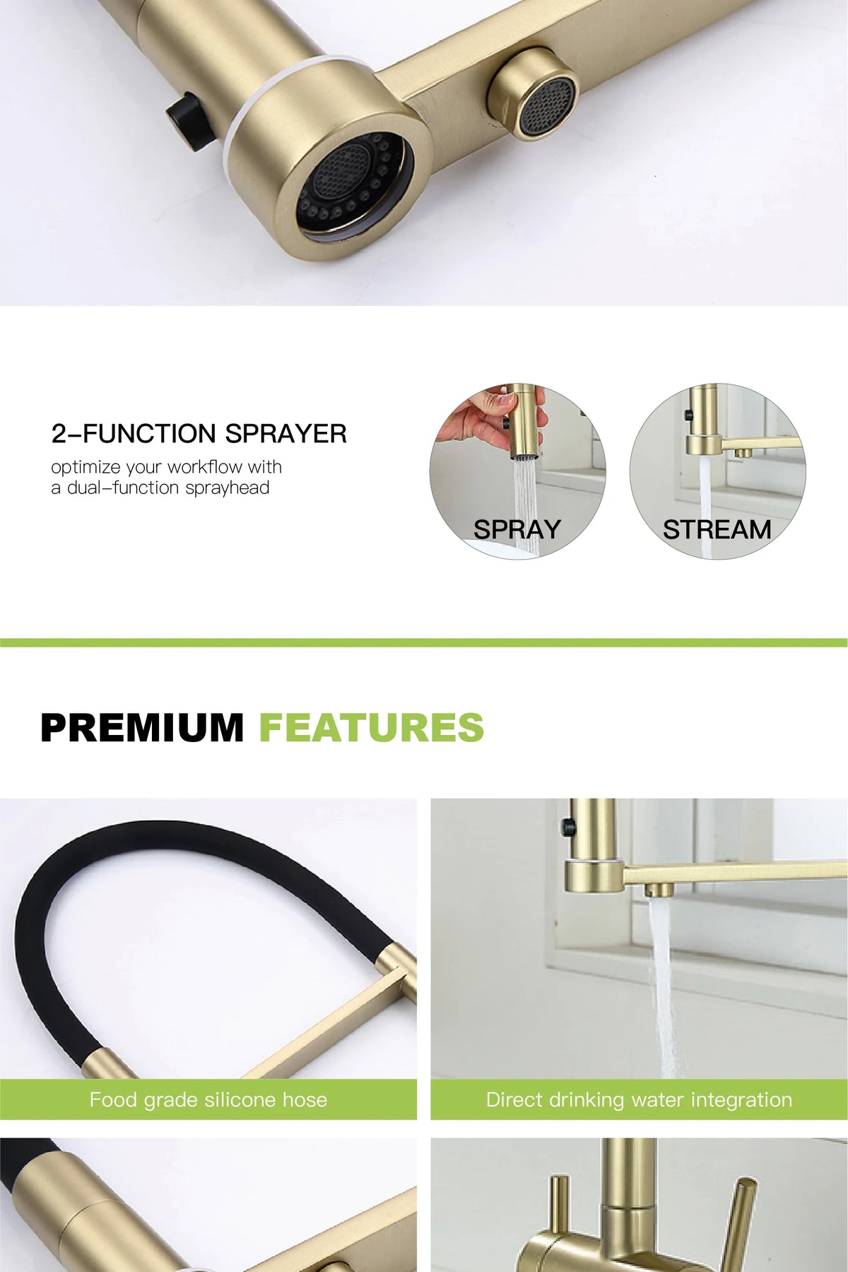 Modern Brushed Gold Brass Faucet Water Filtration Design