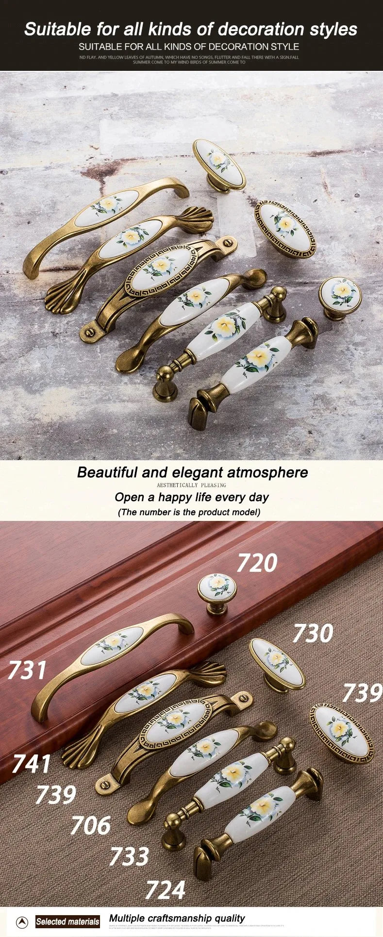 European Green Flower Ceramic Handles Cabinet Storage Dressers