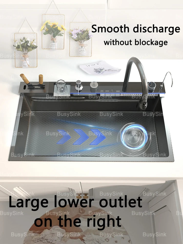 Stainless Steel Waterfall Sink Digital Display Large Slot