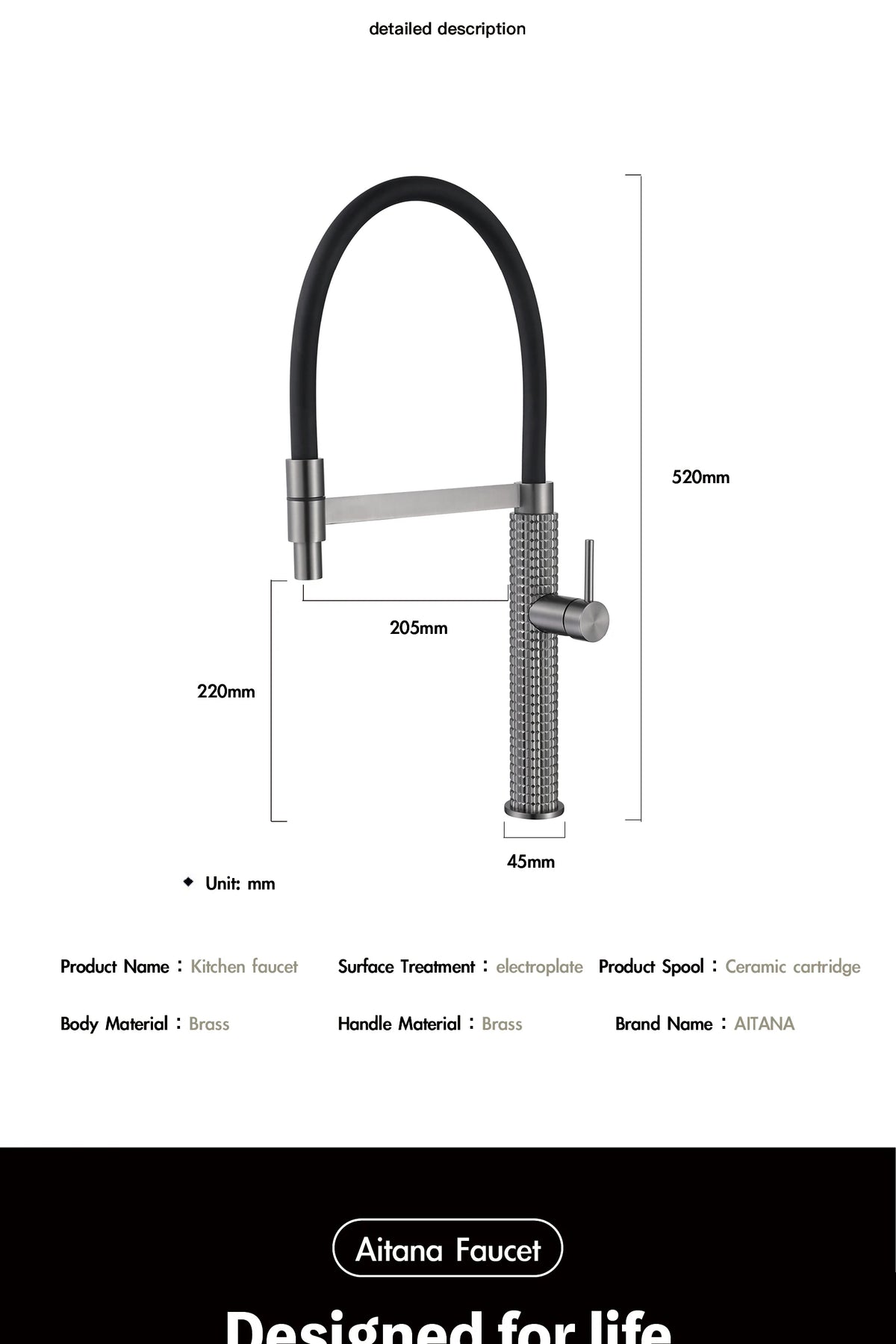 Aitana Gun Gray Luxury Brass Faucet Handle Cold