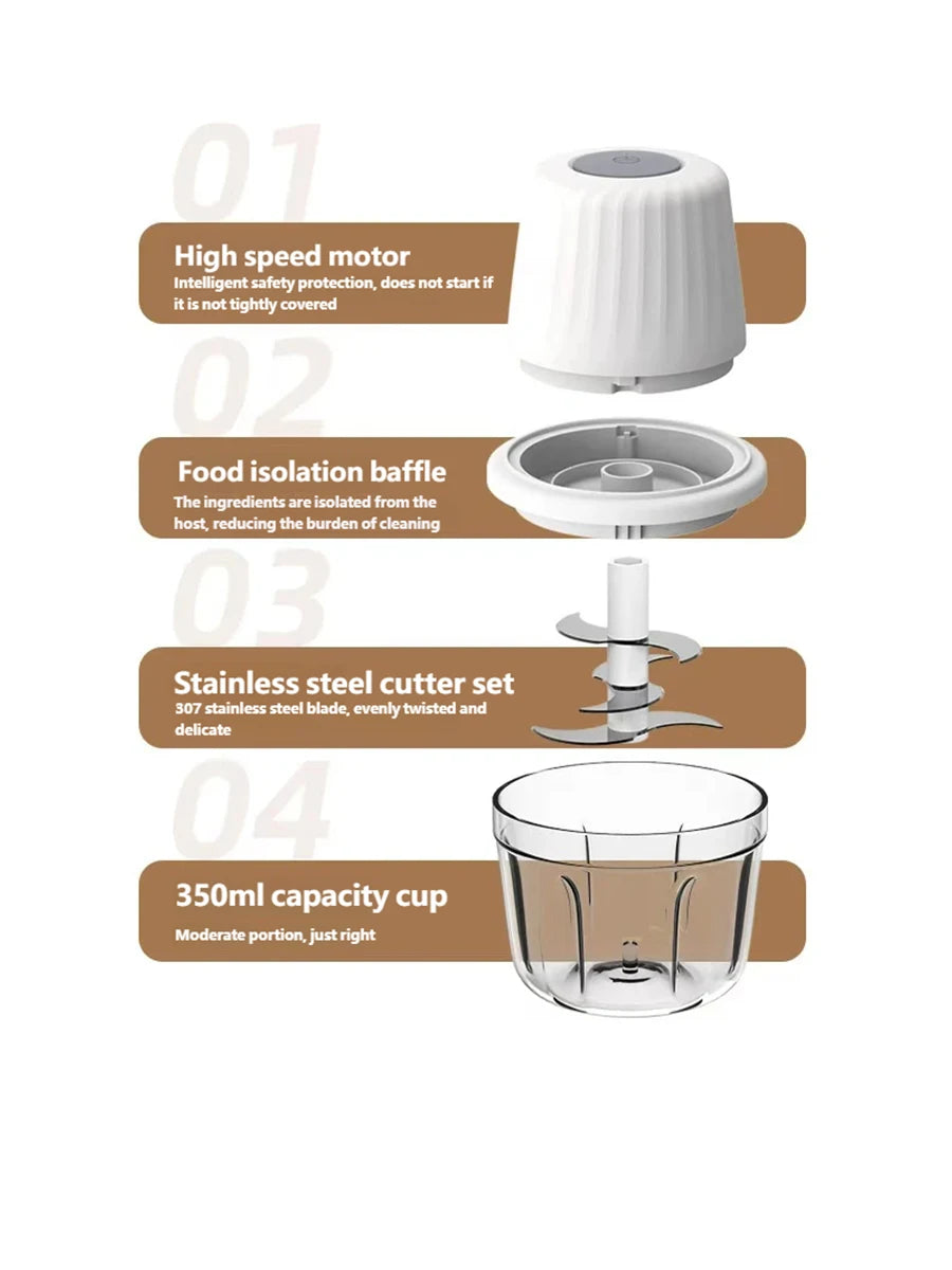 Cordless Electric Food Chopper 350ml Mini Processor 304