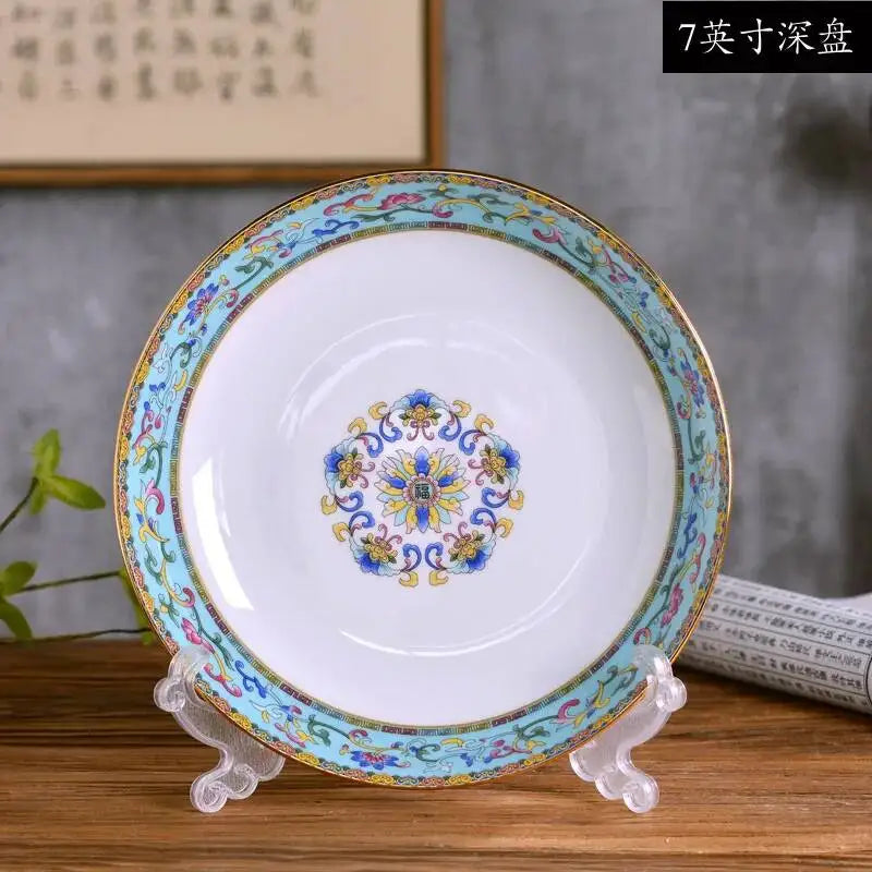 Gold Border Enamel Deep Plate Chinese Bone China