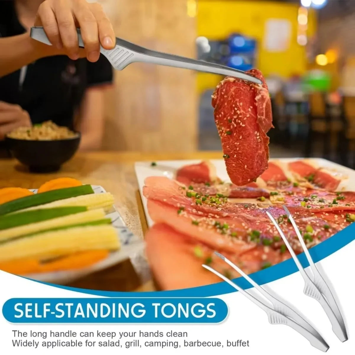 Silver Stainless Steel Bbq Tongs Non Slip Easy
