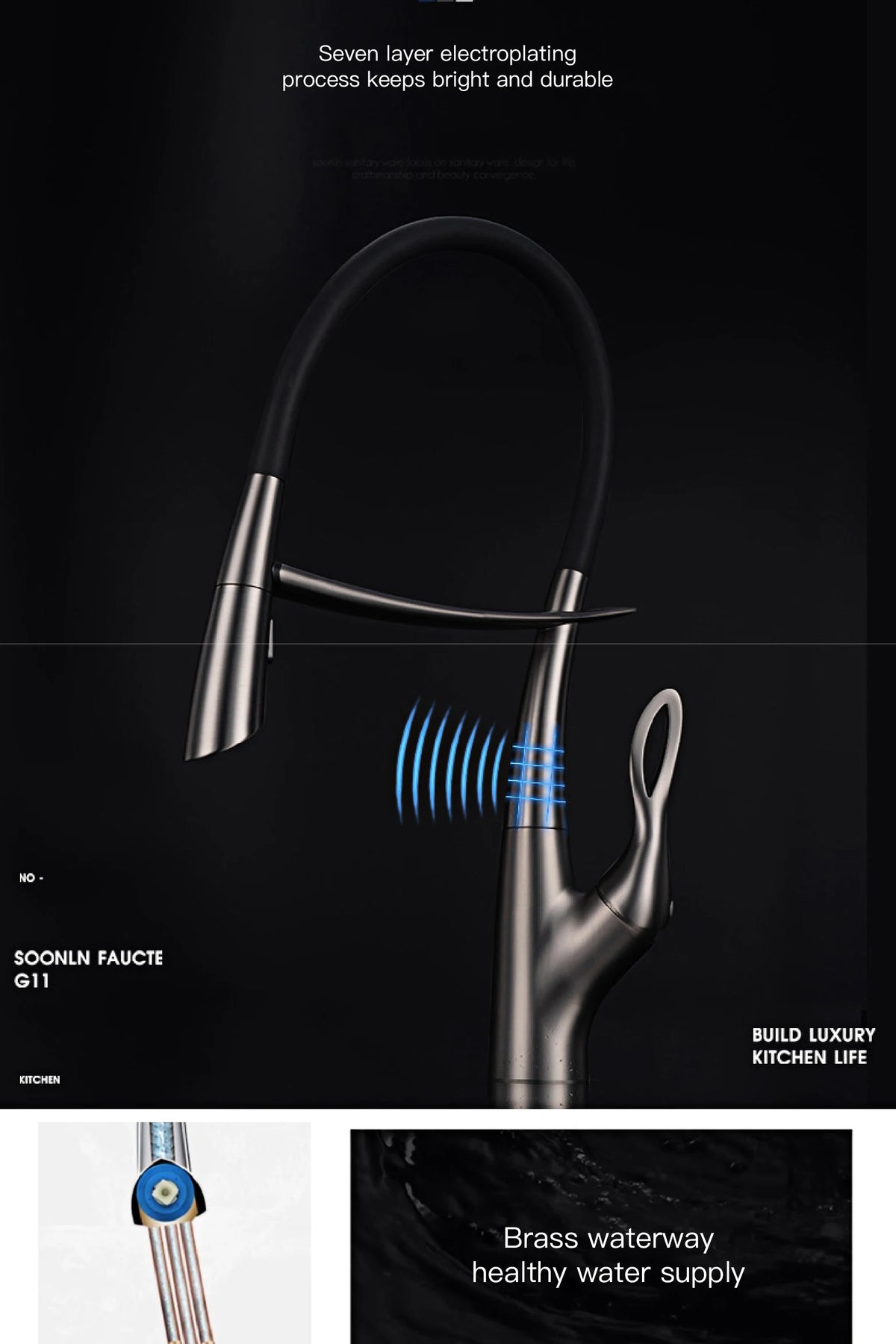 Modern Luxury Black Brass Faucet Pull-Out Magnetic Suction