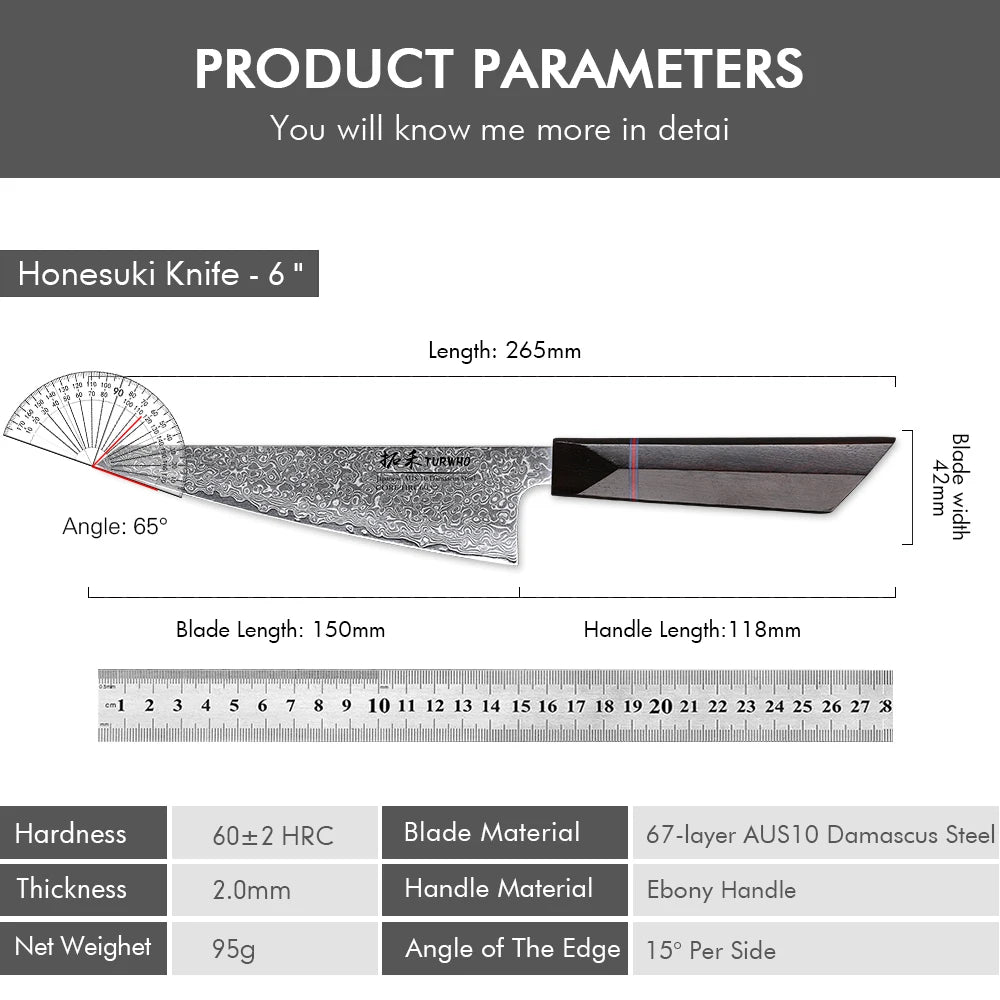 Turwho Honesuki Knife Damascus Steel Professional Chef Knives
