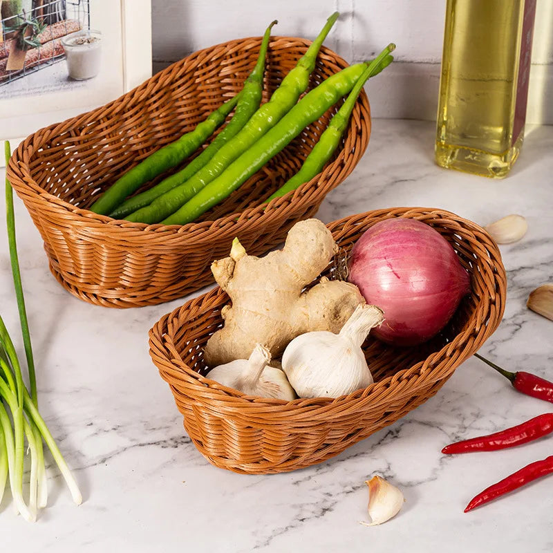 Handmade Oval Rattan Bread Basket Woven Food Fruit