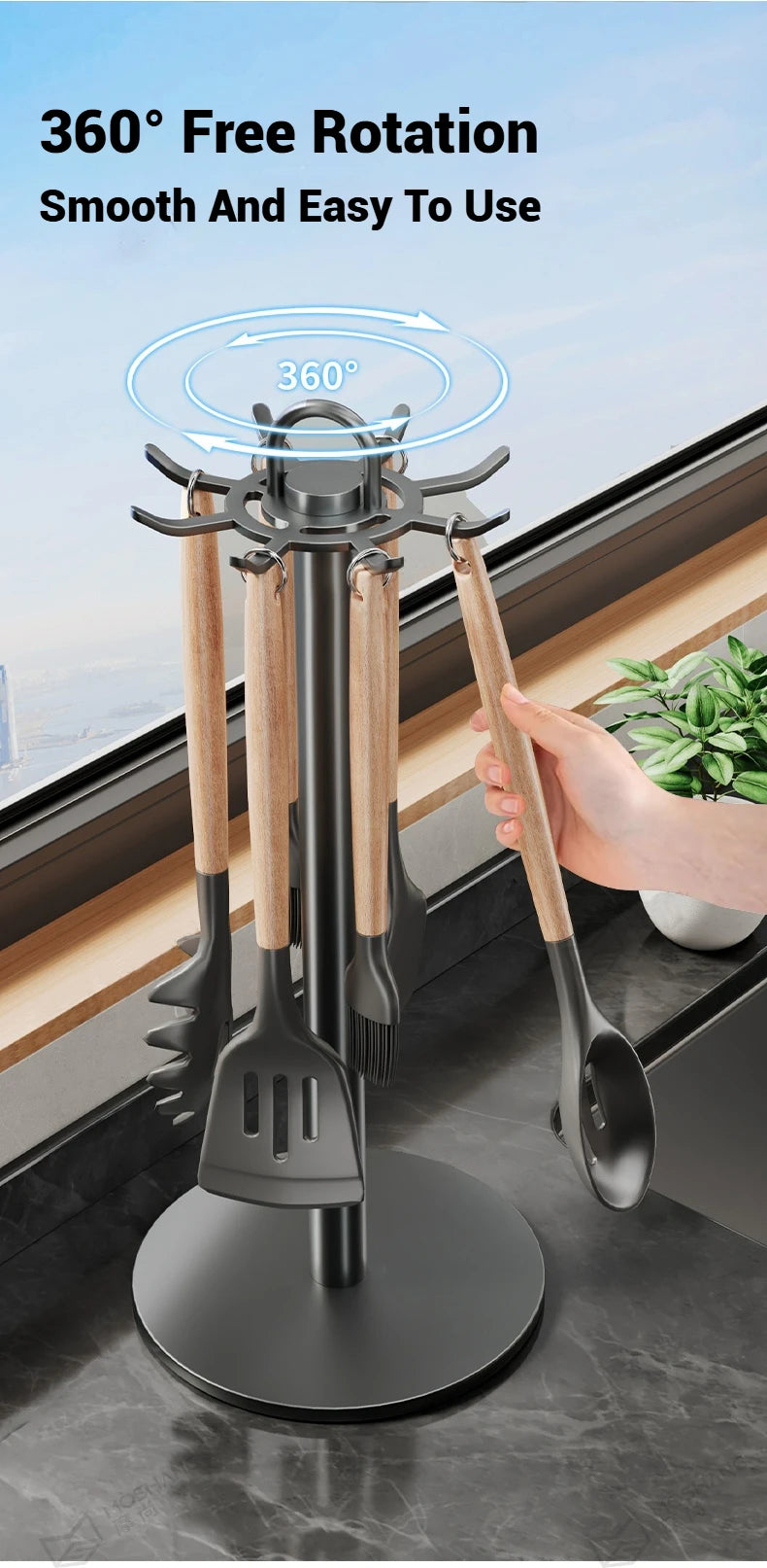 Utensil Stand Rotating Storage Hanger Hooks Countertop