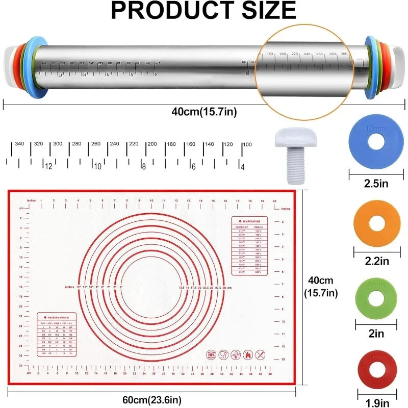 Adjustable Stainless Steel Rolling Pin Non-Stick Pastry Mat