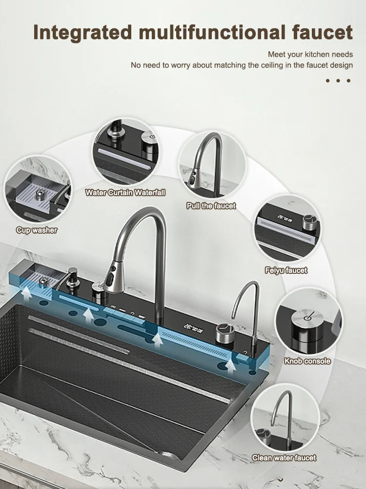 Waterfall Sink Digital Display Faucet Wash Dish Vegetables