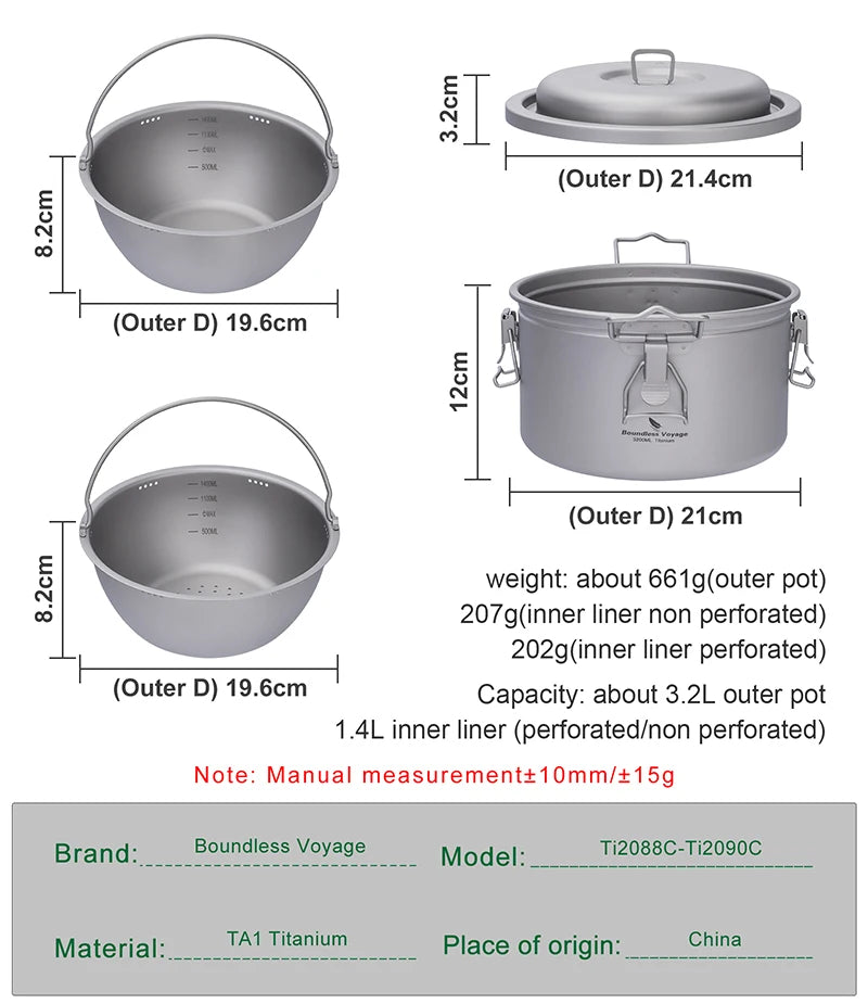 Boundless Voyage Titanium Camping Pot 2l Cooker Ultralight