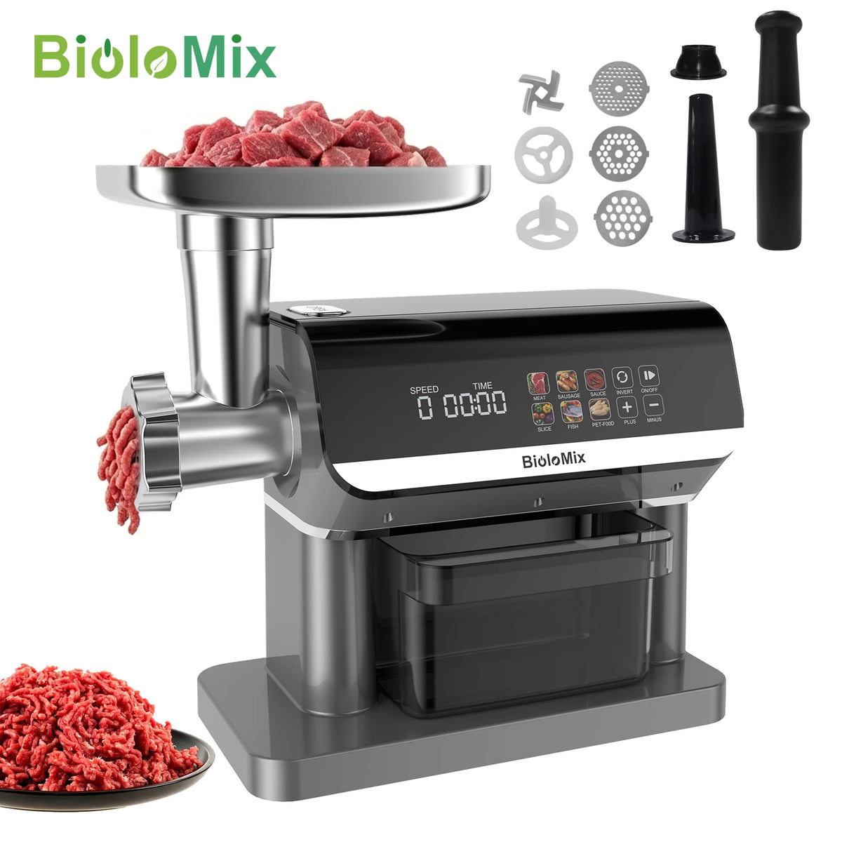 Biolomix 1600w Meat Grinder Touch Screen Presets Auto-Reverse