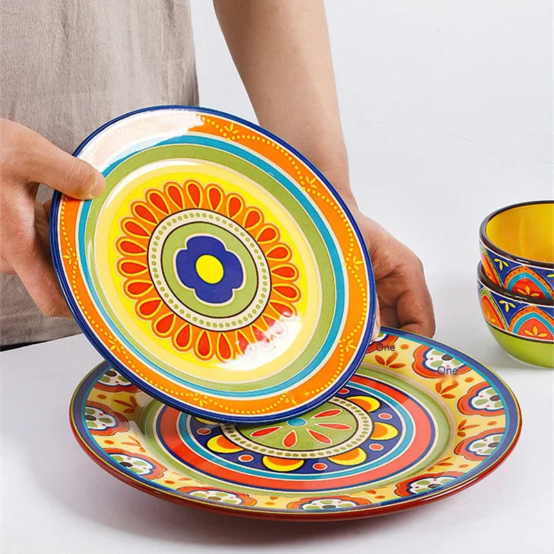 1pcs Ceramic Tableware Bohemian Flat Dinner Plate Western