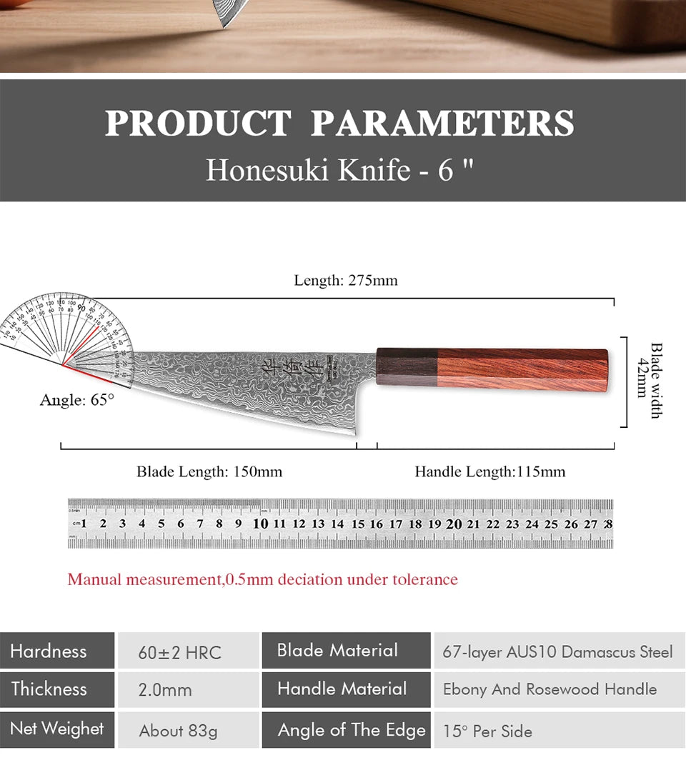 6-Inch Japanese Handmade Honesuki Chef Knife Damascus Steel