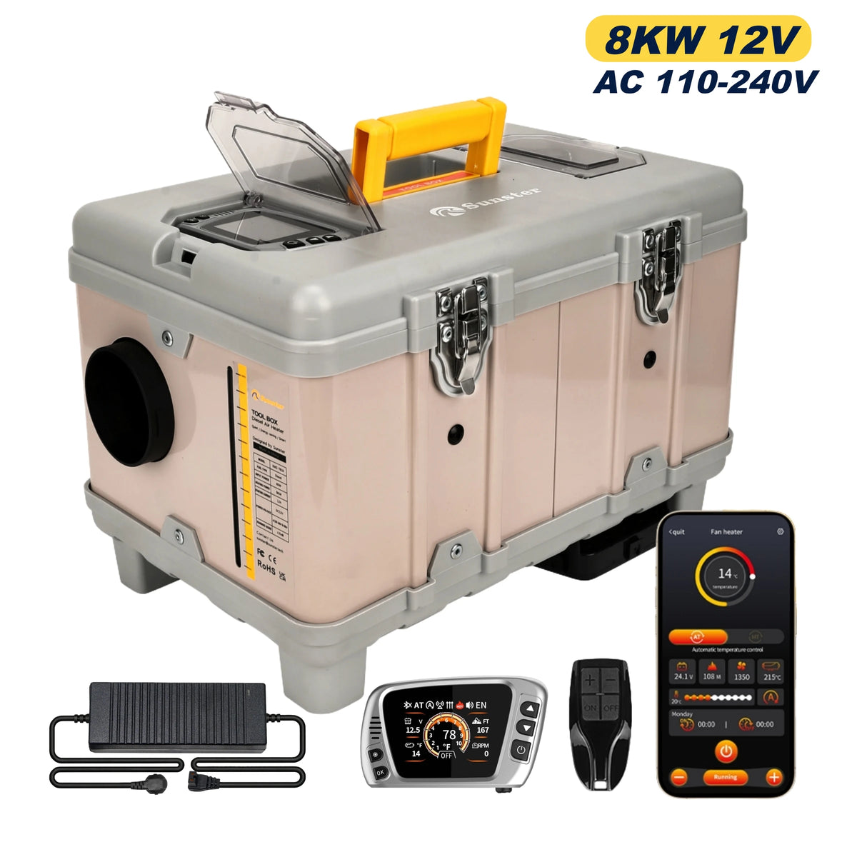 8kw 12v/220v Diesel Air Heater W/ Self-Cleaning &