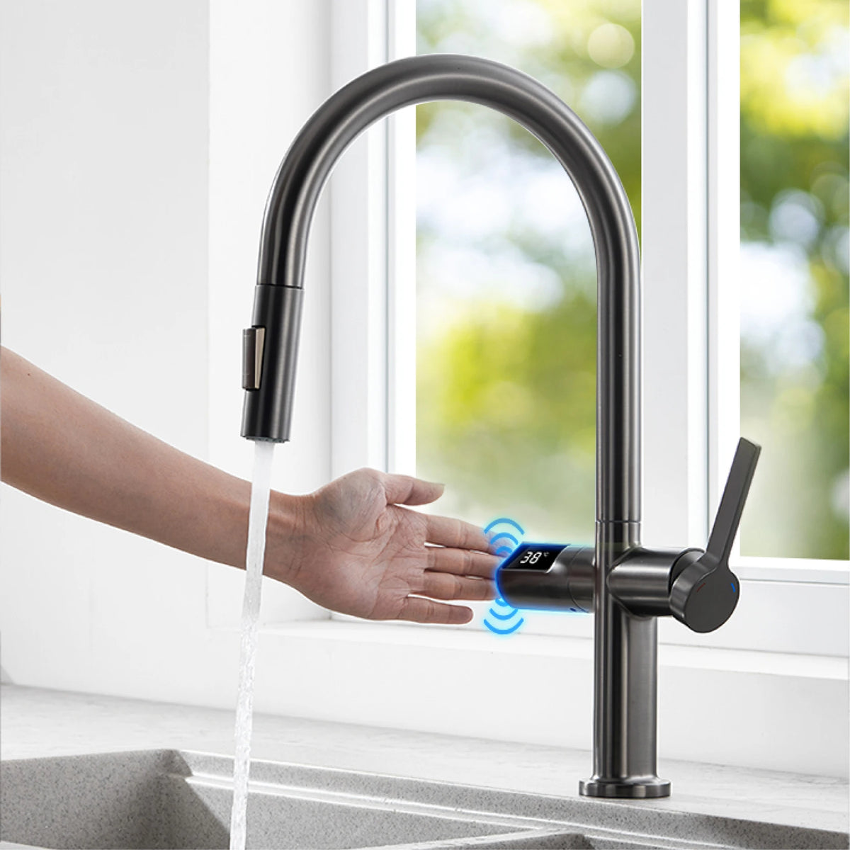 Luxury Brass Gun Gray Faucet Led Digital Sensing
