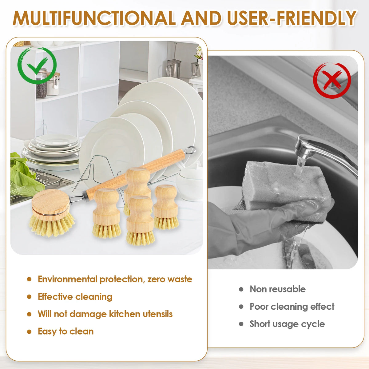 3/5pcs Wooden Dish Brush Replaceable Long Handle Cleaning