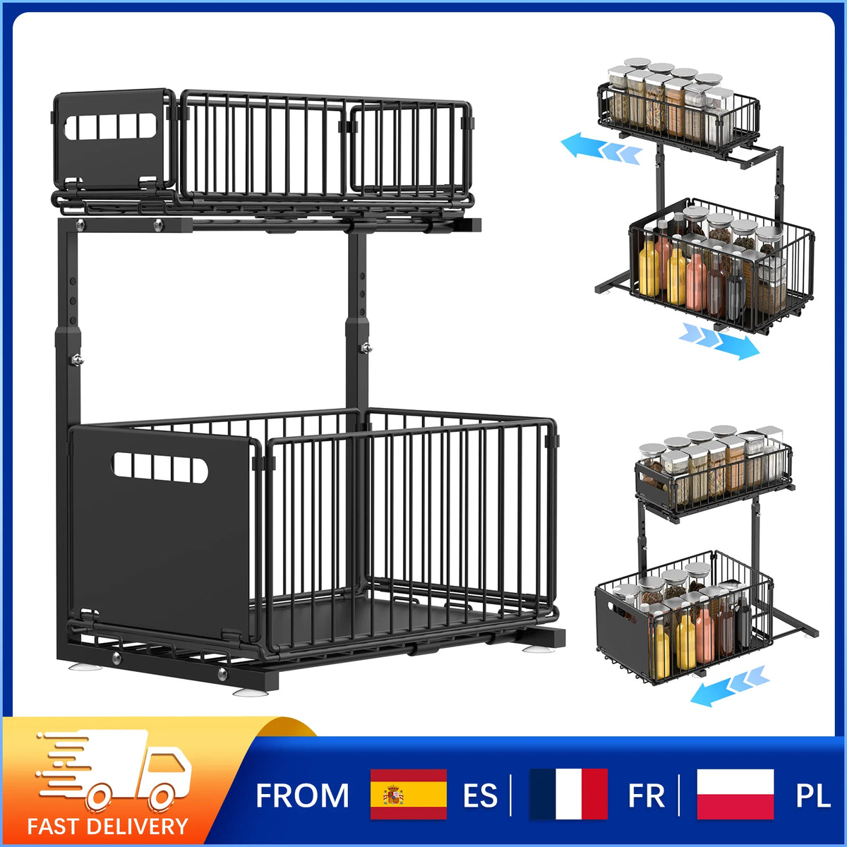 2-Tier Pull Out Cabinet Organizer Adjustable Height Sliding