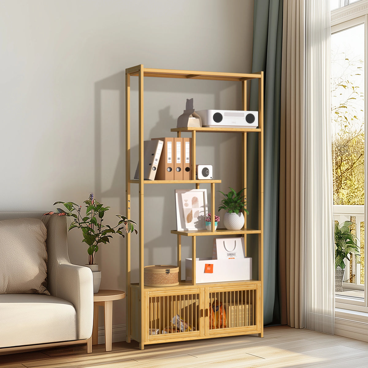 Bamboo Storage Rack Shelving Unit High Low Shelves