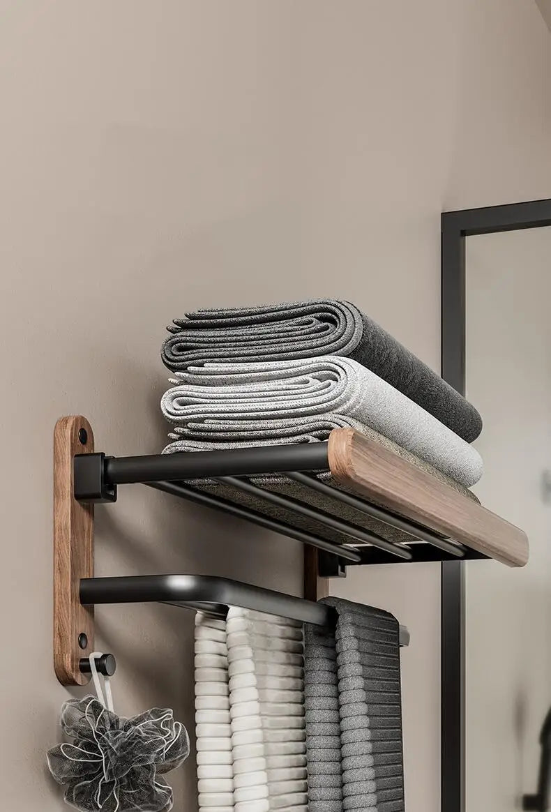 Walnut Wood Black Bathroom Hardware Bathroom Towel Rack