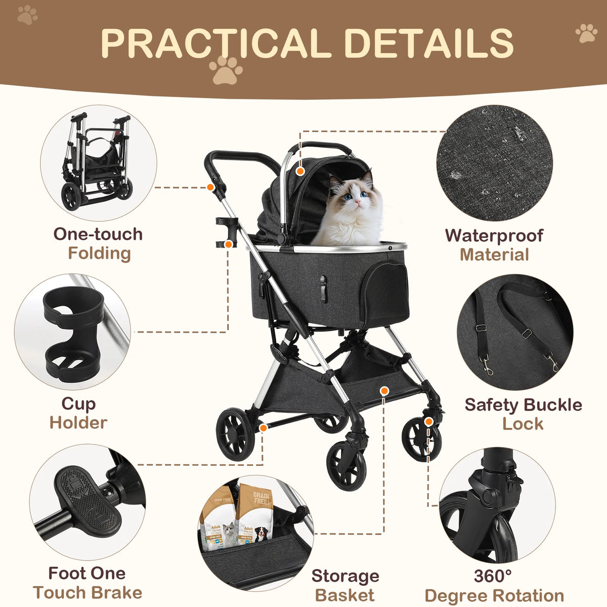 Pet Stroller Wheels Foldable Pet Travel Carrier Small/Medium
