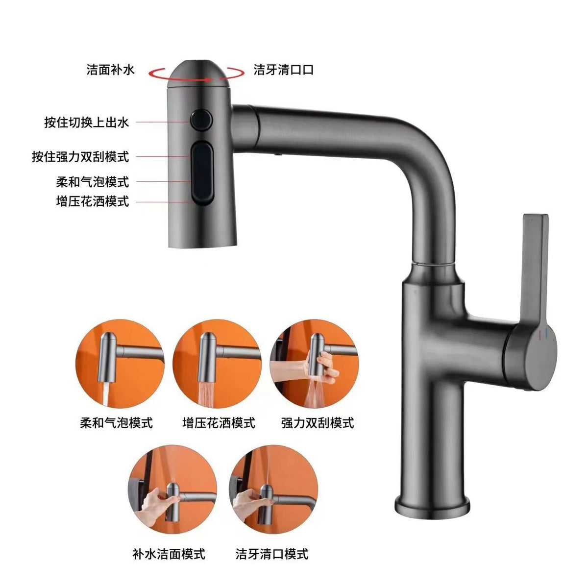 Gun Metal Gray Pull Out Faucet Ledtemperature Display