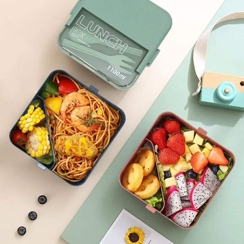 Justinlau 1100/1800ml Layer Compartment Lunch Box Kids Fork