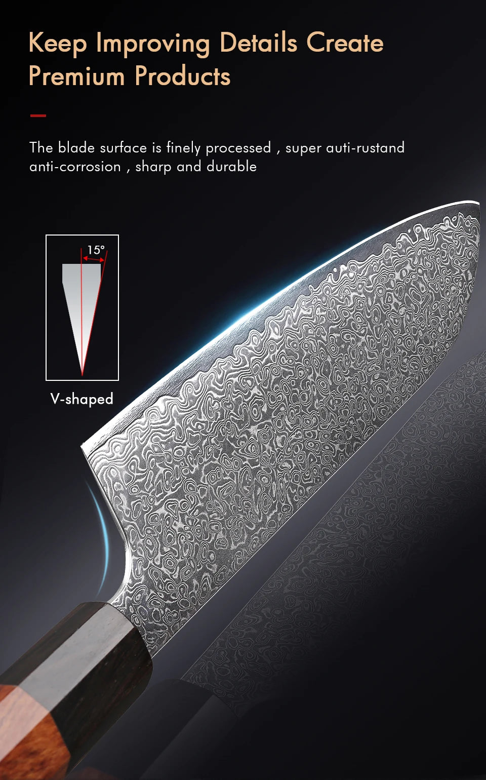 Turwho Santoku Knife Damascus Steel Chef Knives Sharp