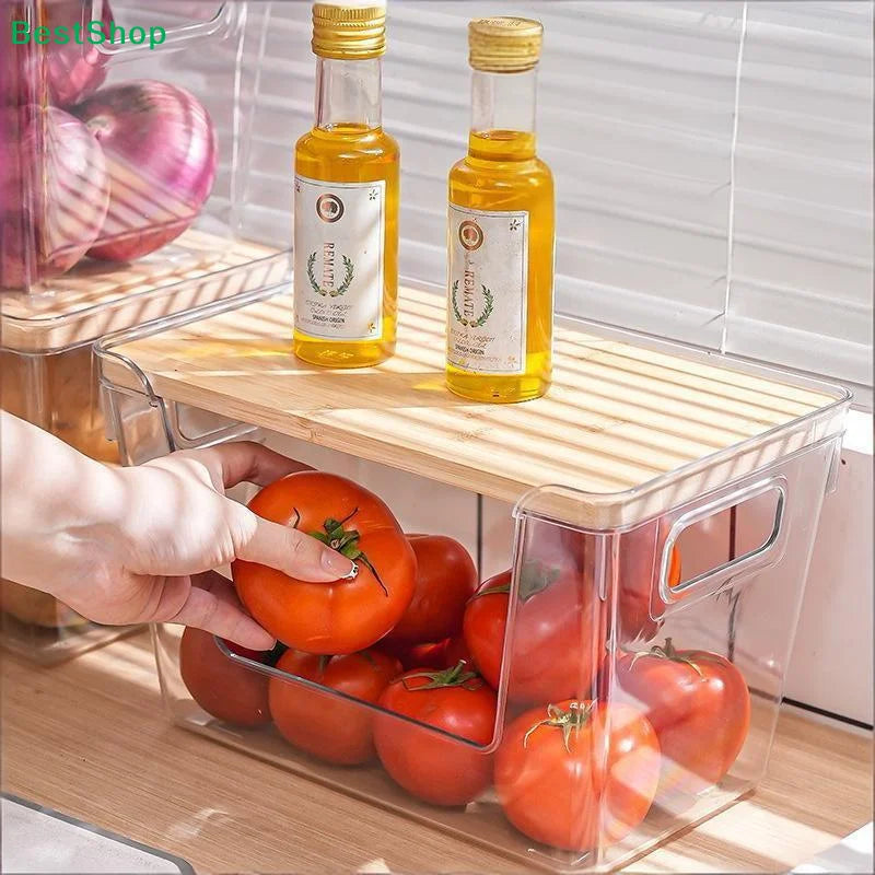 Stackable Pantry Organizers Wooden Lids Storage Clear Bins