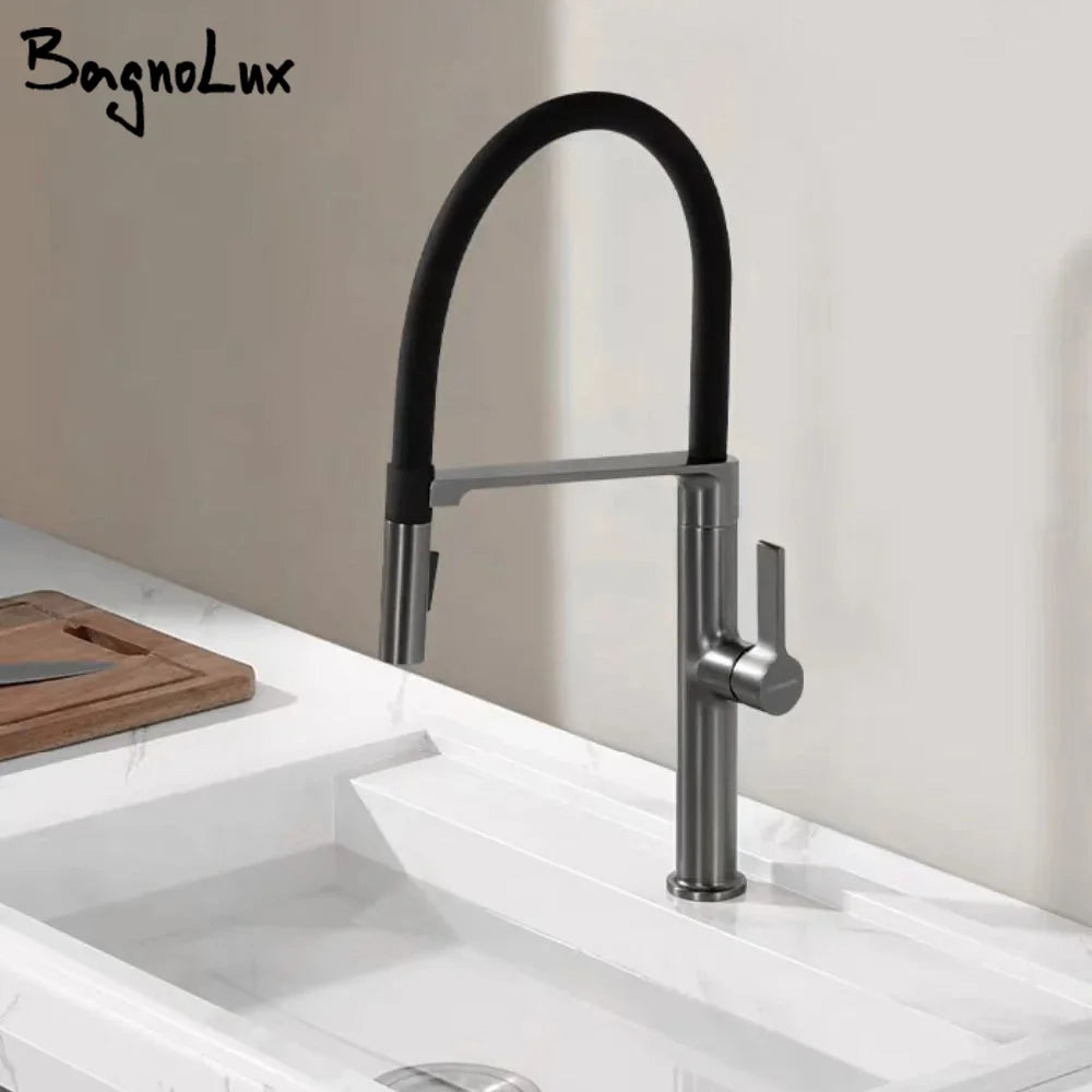 Black Faucet Pull Down Sprayer Rubber Mixer Deck