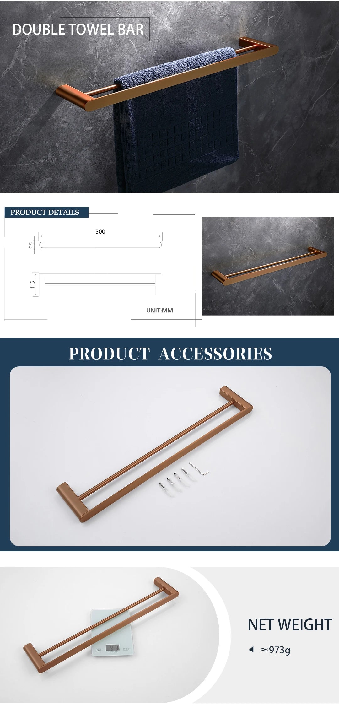 Brushed Rose Gold Storage Rack Towel Bar Tissue