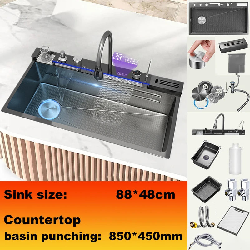 Stainless Steel Sink Large Slot Waterfall Digital Display