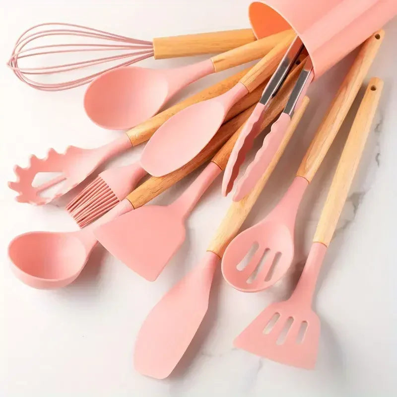12pcs Of Multi-Color Silicone Wooden Handle Kitchenware Non