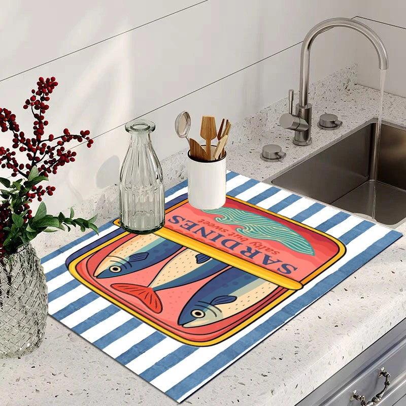 Absorbent Dish Drying Mat Counter Retro Sardine Tin