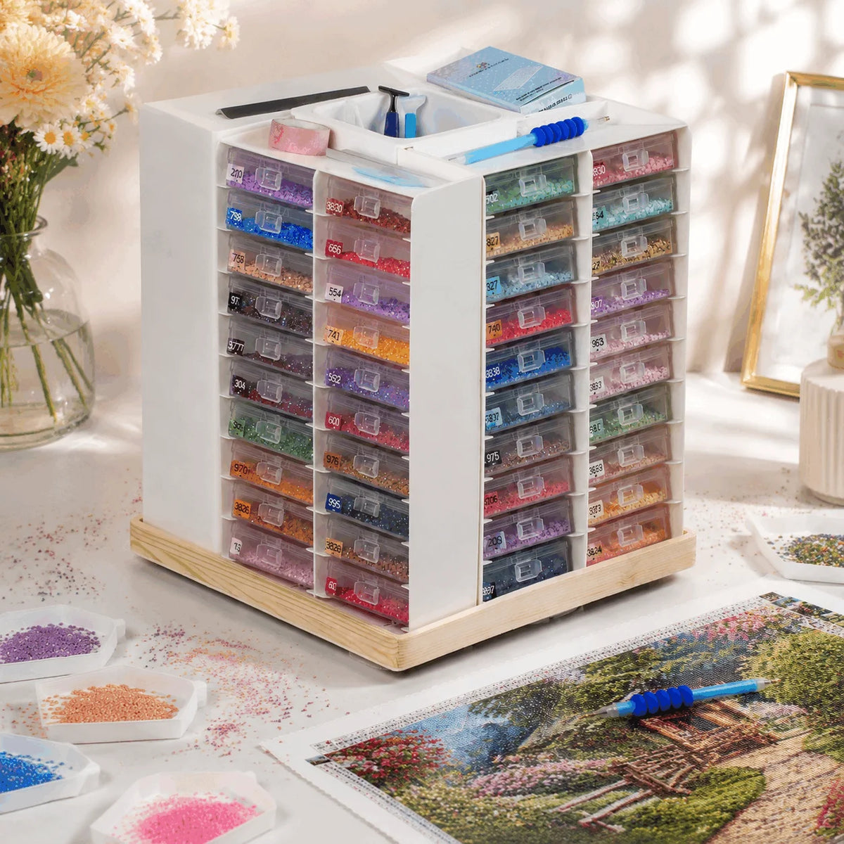Foreveryoung Rotatable Diamond Storage Rack 80 Trays Wood