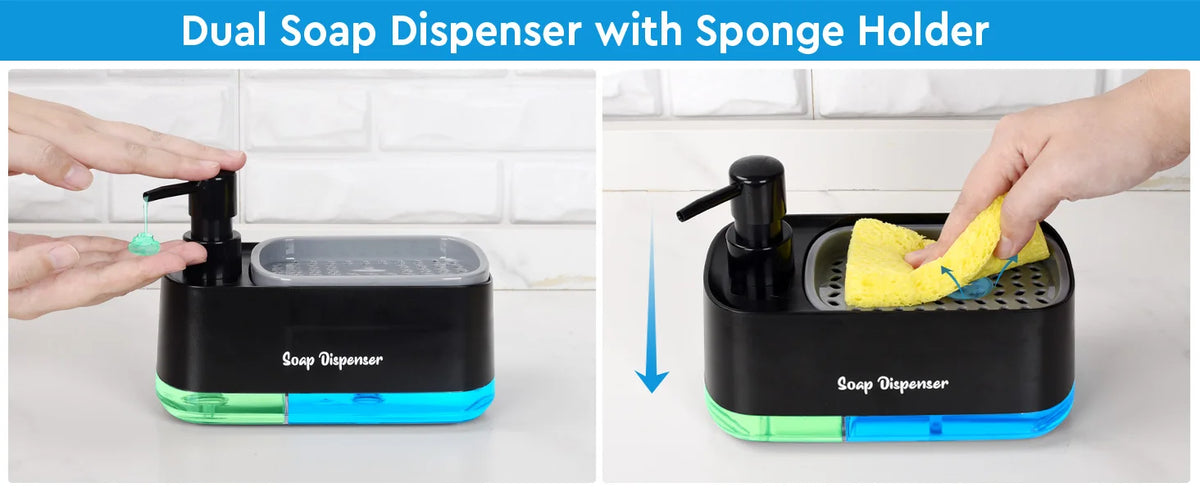 Dual Pump Soap Dispenser 3-In-1 Organizer Sponge Storage