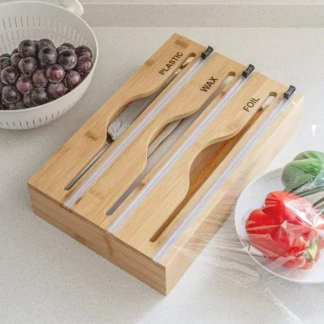 Bamboo Compartment Cling Film Tin Foil Cutter Box