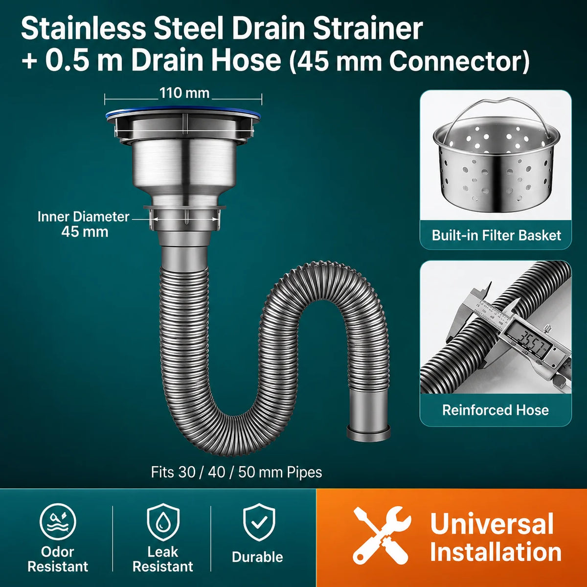 Universal Flexible Sink Drain Pipe Anti-Odor Sewer Hose