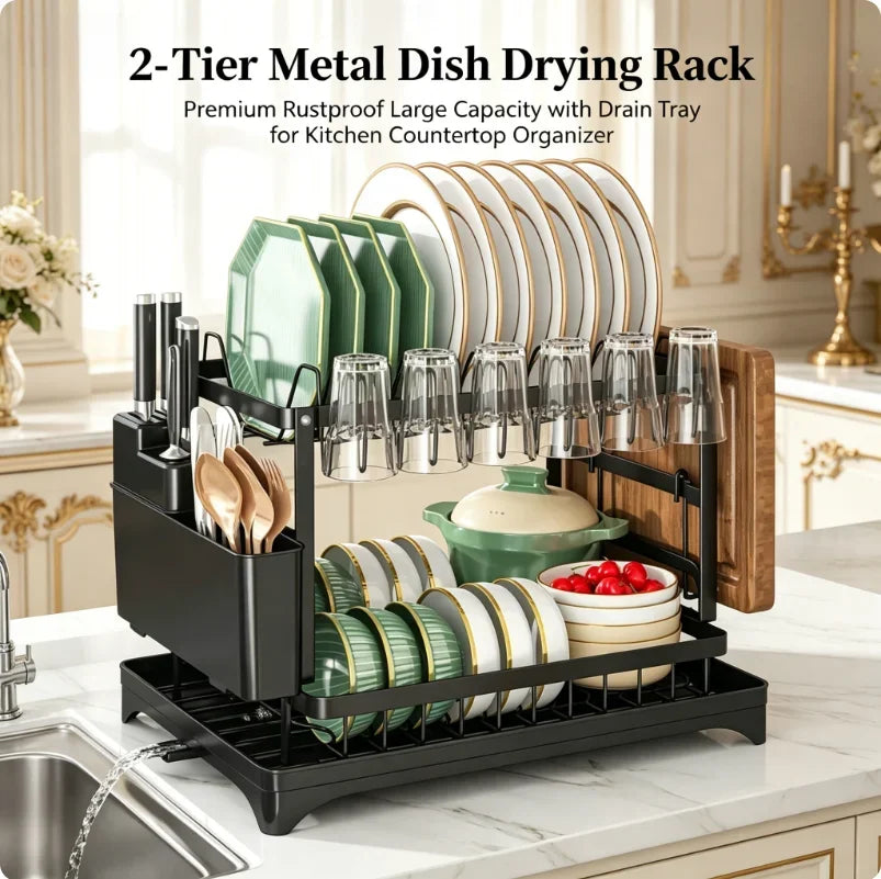 Space Saving Double Tier Dish Drying Rack Rust