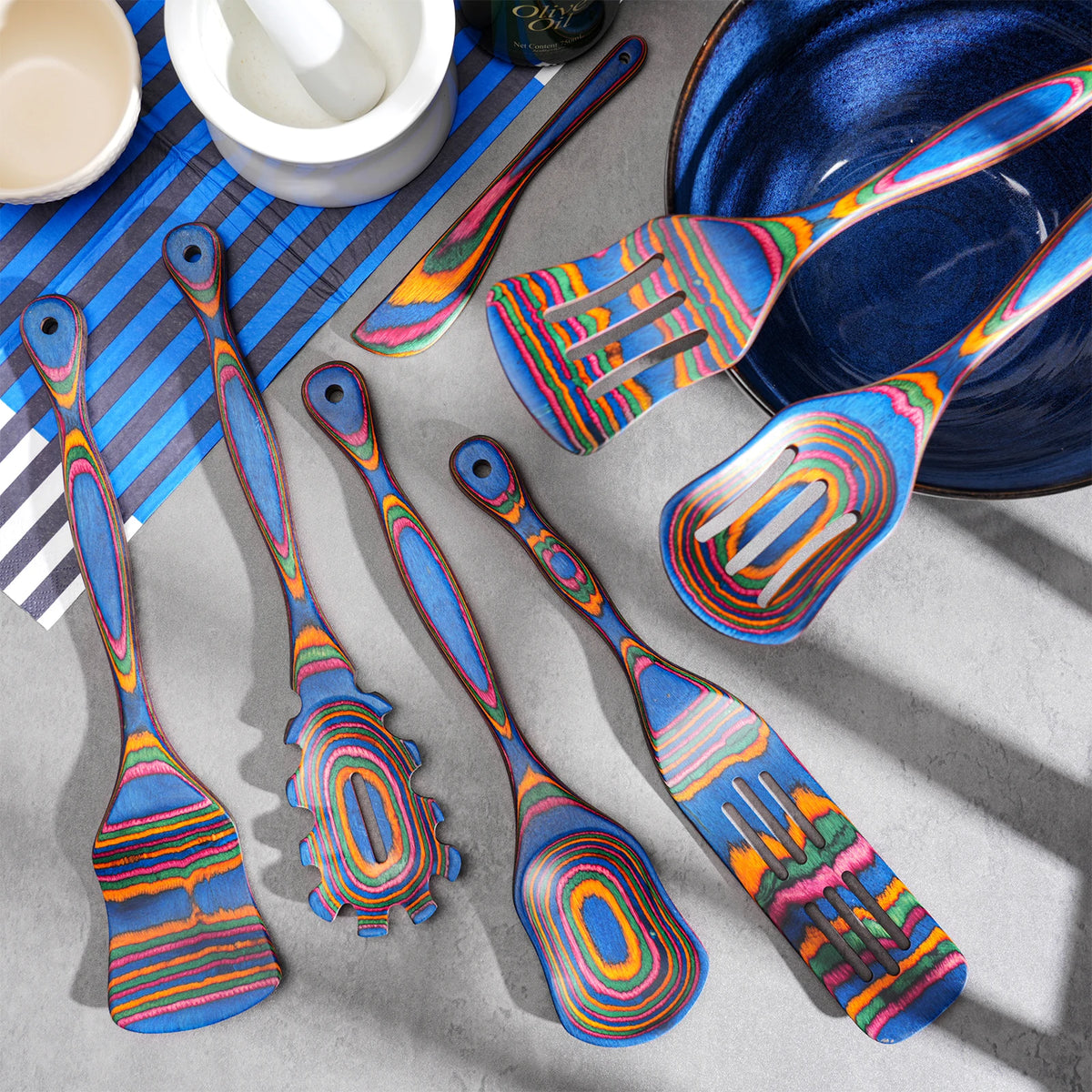 7pcs Blue Pakkawood Wooden Cooking Utensils Wooden Spoons