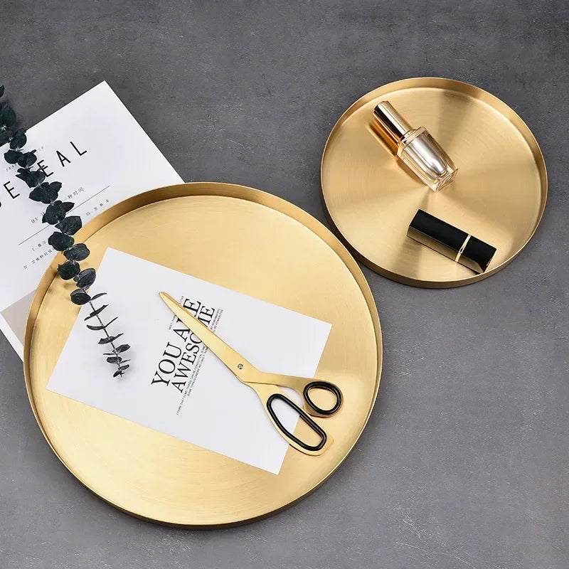 Decor Golden Storage Tray Round Jewelry Desktop Display