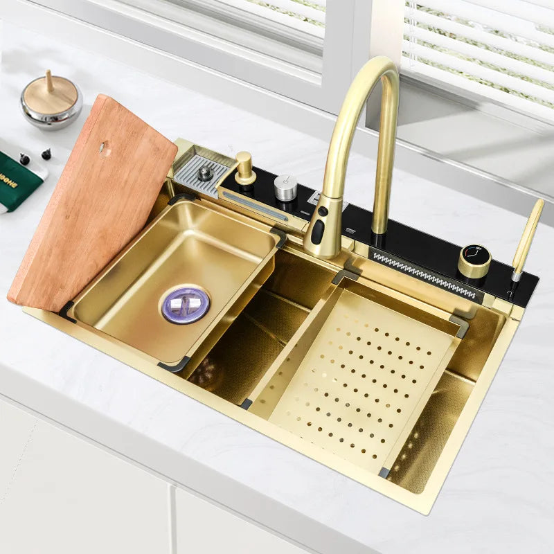 Golden Stainless Steel Sink Double Waterfall Digital Display