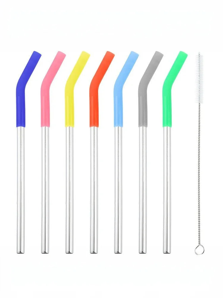 1set Long Stainless Steel Straw Silicone Straw Sleeve