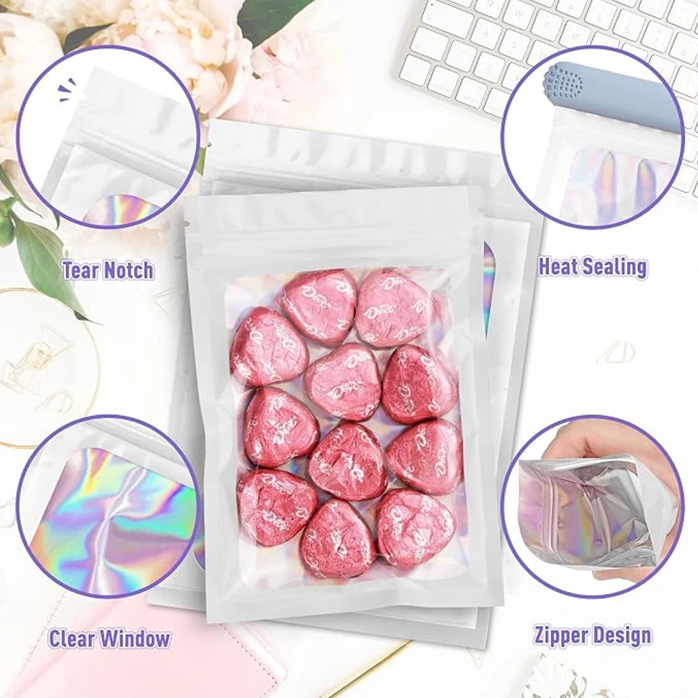 1000/10pcs Holographic Ziplock Bags Plastic Laser Iridescent Zip