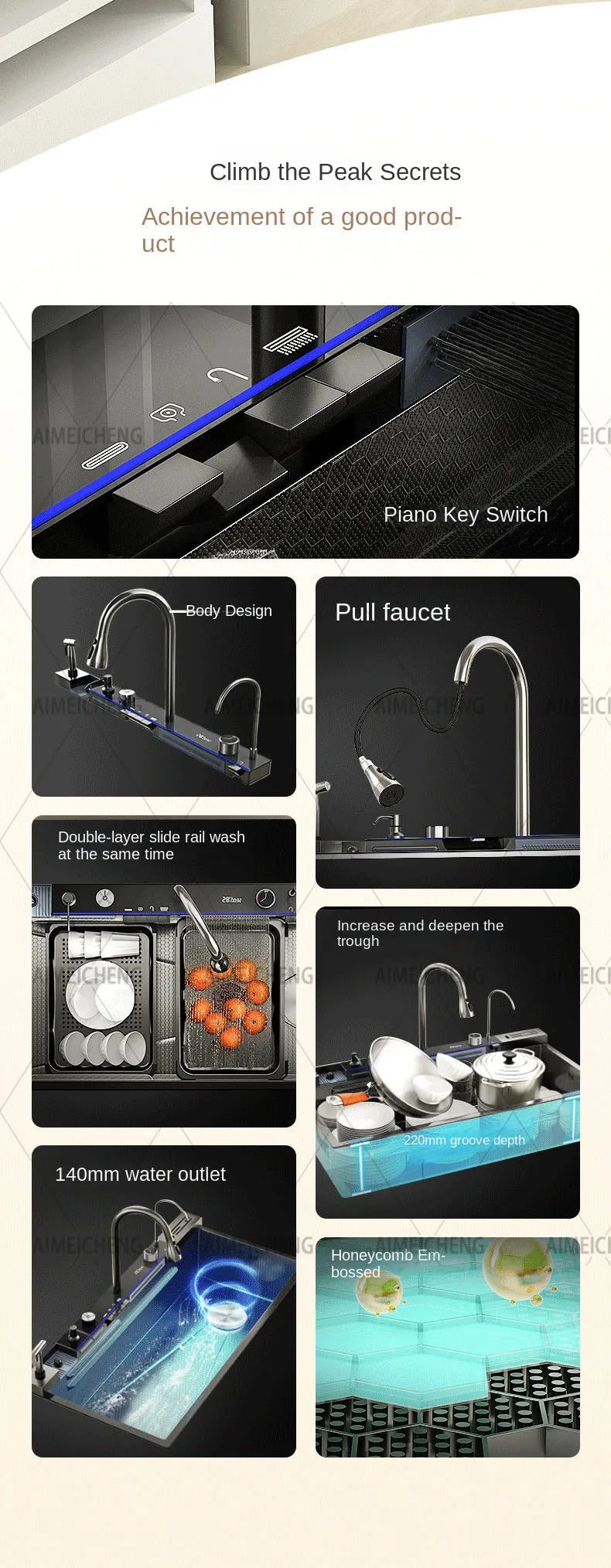 304 Stainless Steel Waterfall Sink Digital Display Large